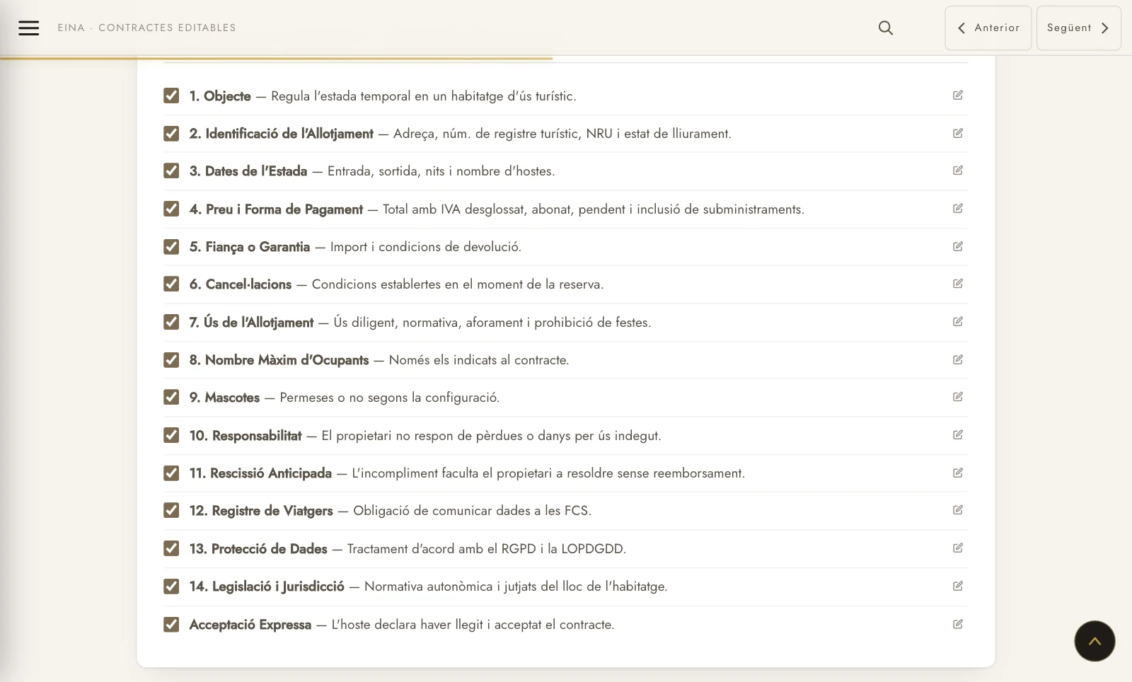 Catorze clàusules que inclous, treus o edites