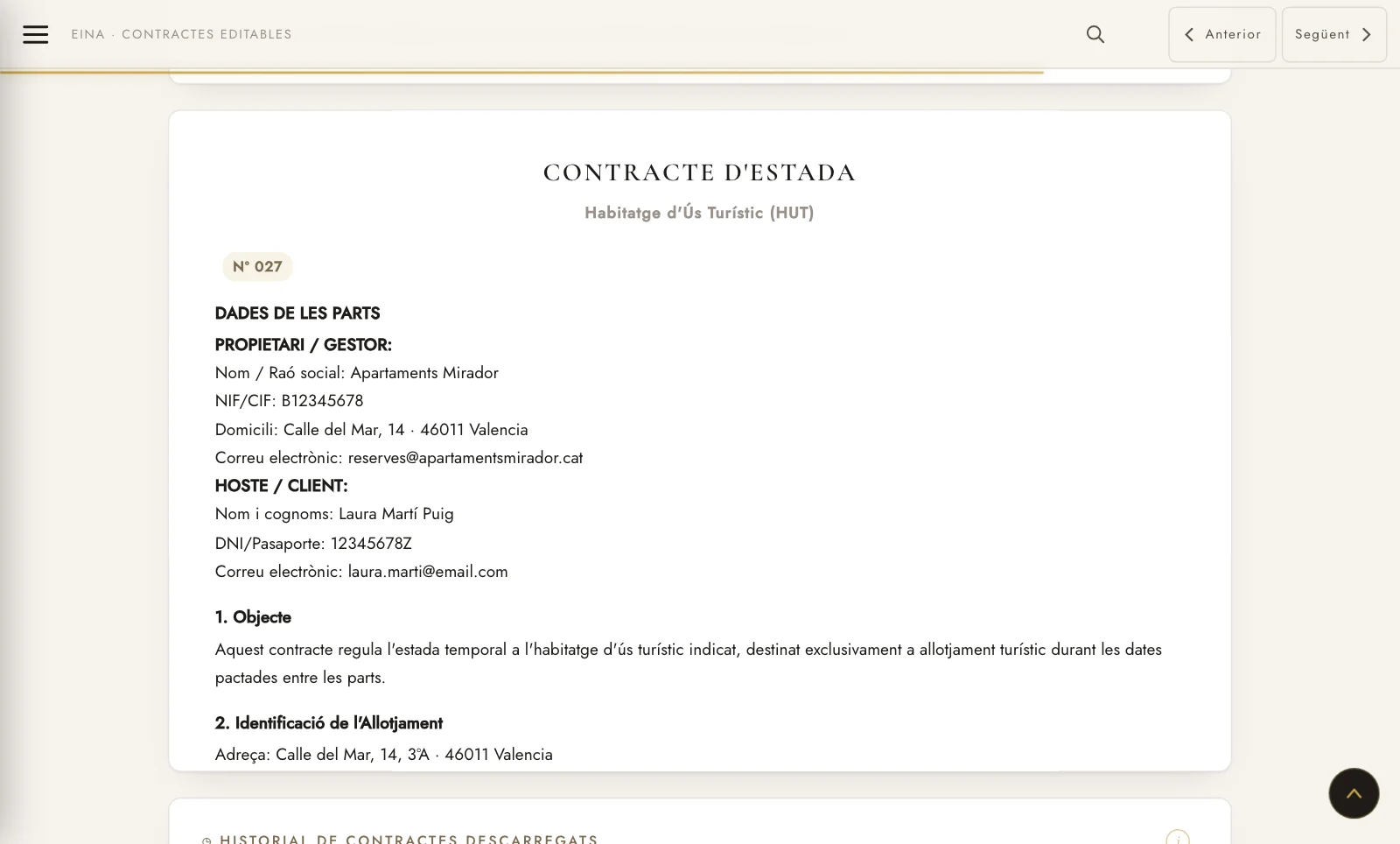 Contracte d'estada muntat amb les teves dades i les de l'hoste