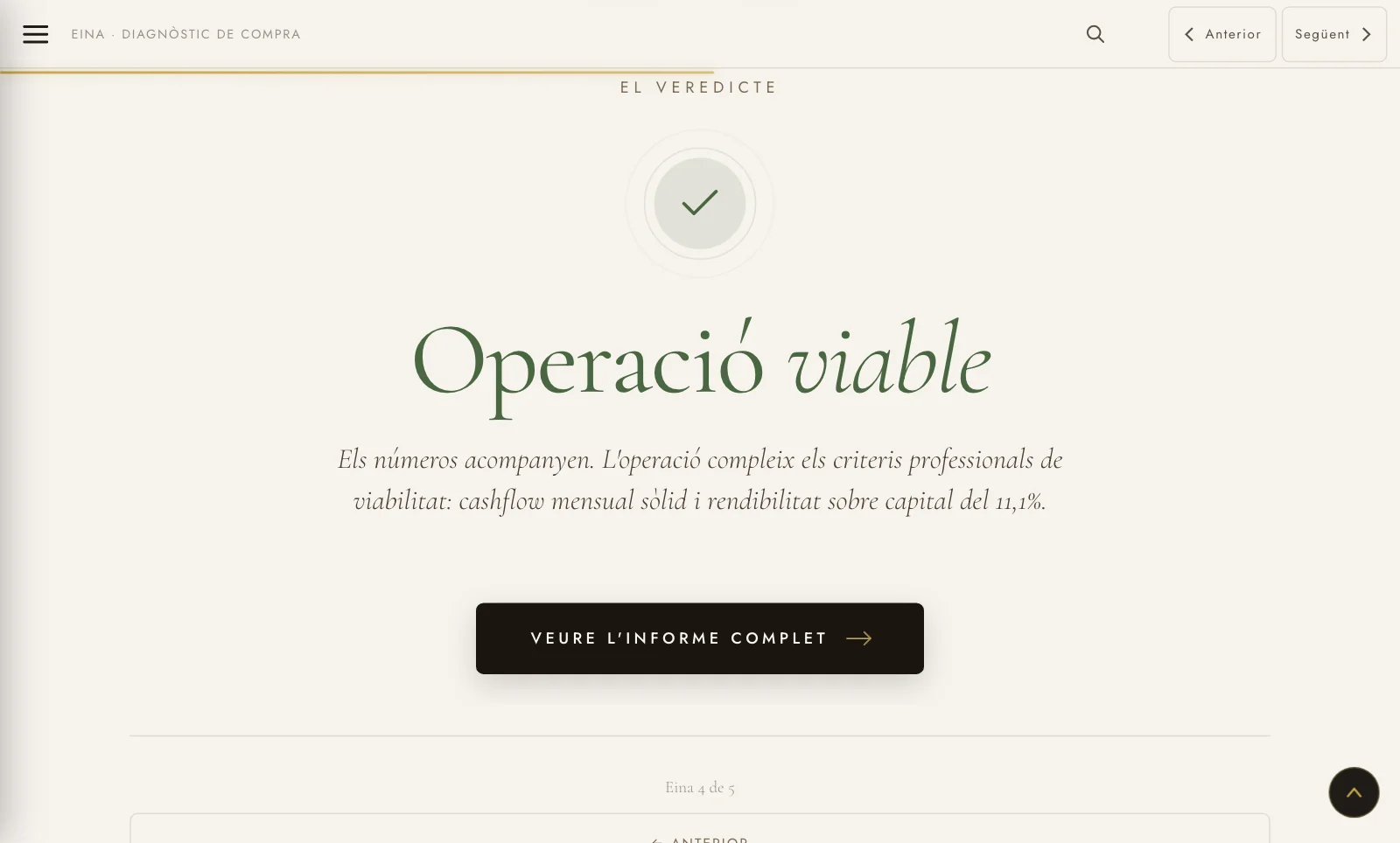 Veredicte · operació viable, 11,1 % de rendibilitat sobre capital