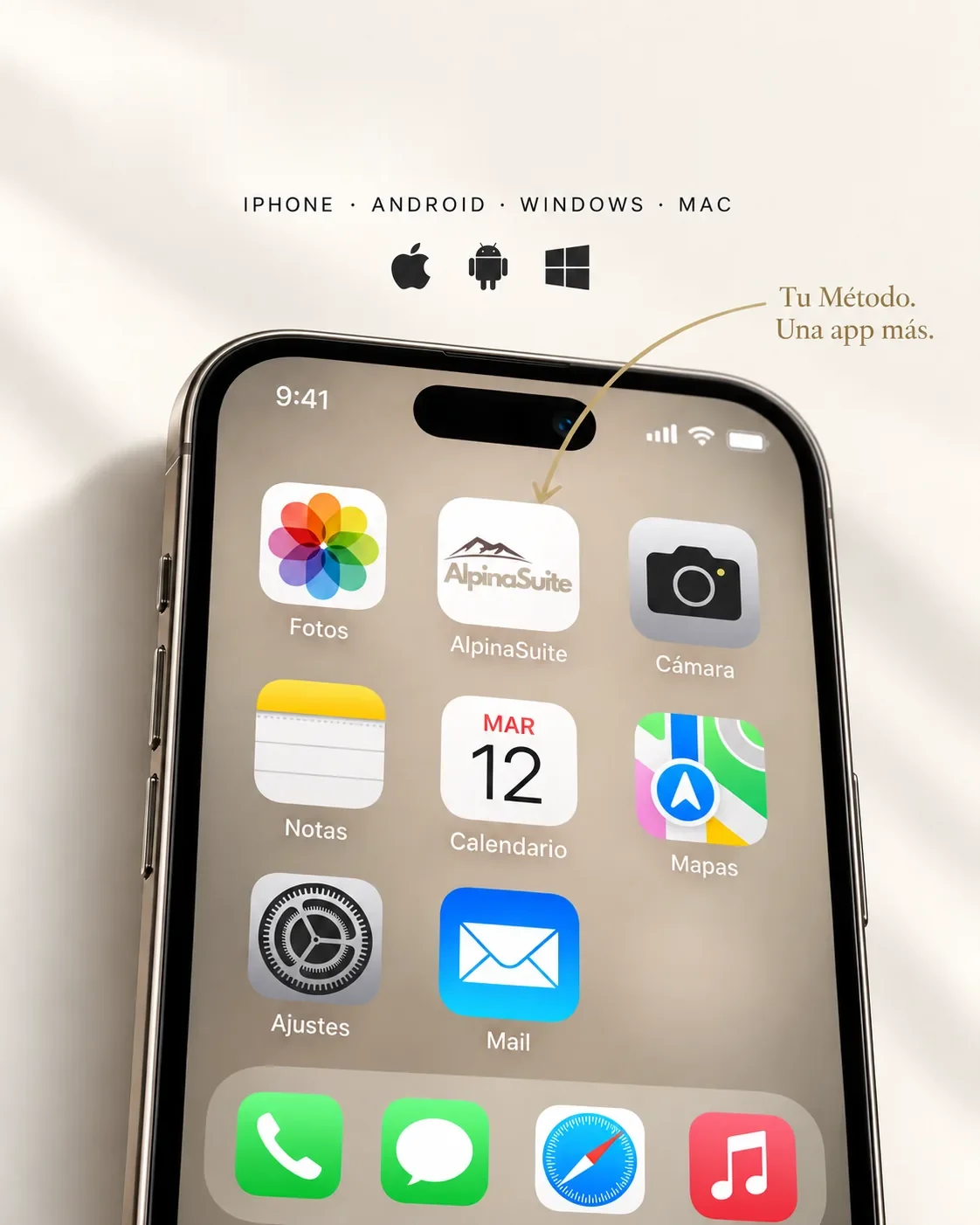 App der AlpinaSuite-Methode auf dem Home-Bildschirm eines iPhone installiert. Verfügbar für iPhone, Android, Windows und Mac.
