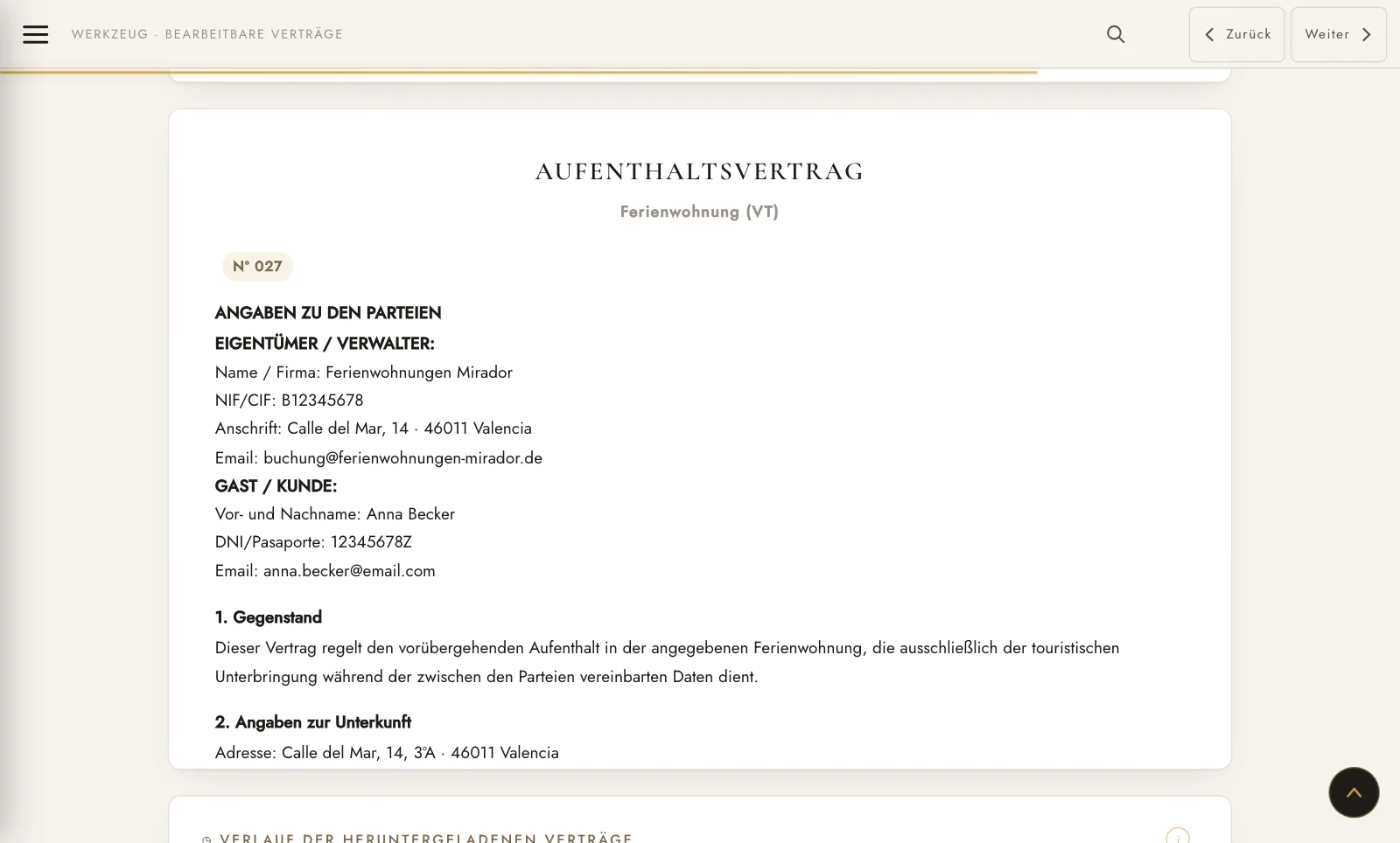 Aufenthaltsvertrag mit Ihren Daten und denen des Gastes