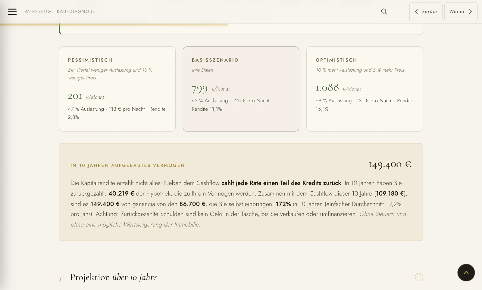 Pessimistisch, Basis und optimistisch · 149.400 € Vermögen in 10 Jahren