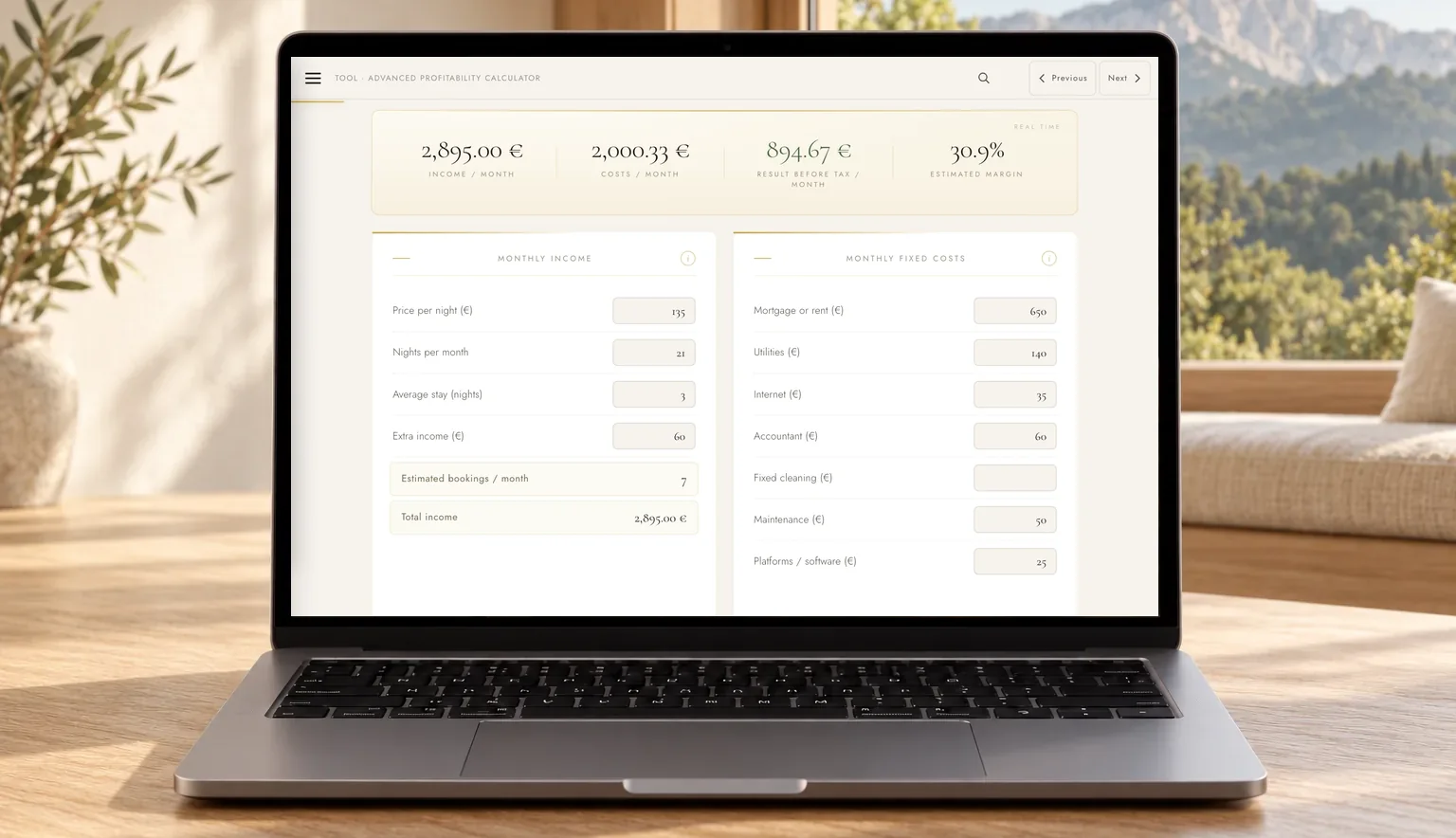 The Profitability Calculator open on a laptop: monthly income, costs, result before tax and margin