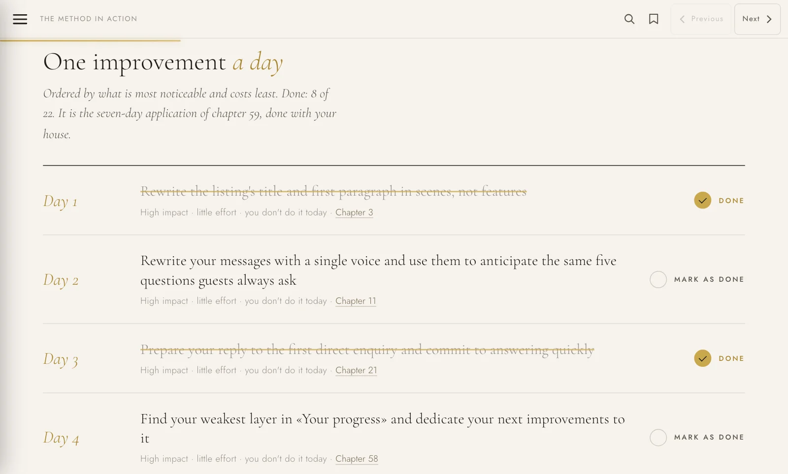 Your plan · one improvement a day; the ones done are crossed out