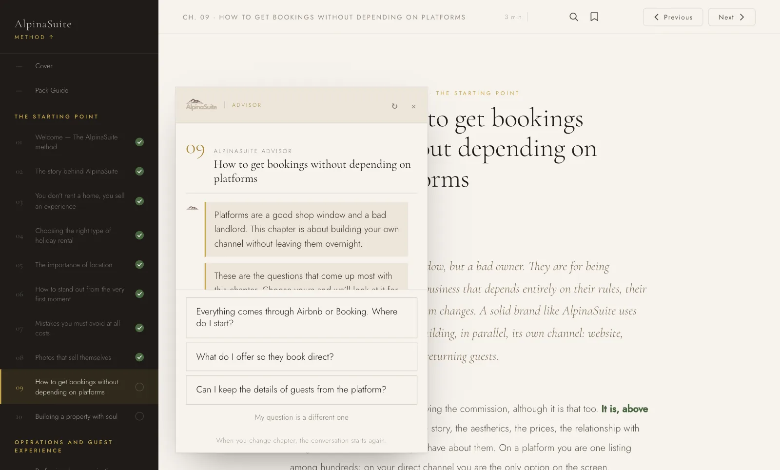 Chapter 9 · bookings without depending on platforms, with the Advisor alongside
