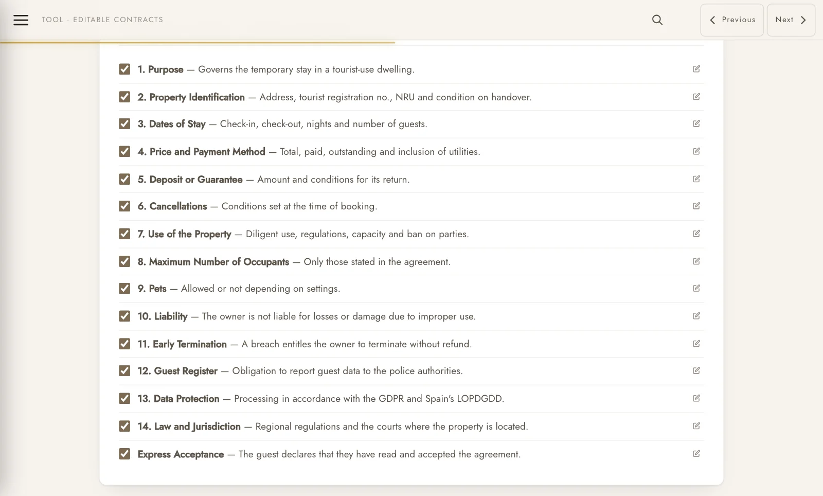 Fourteen clauses you include, remove or edit