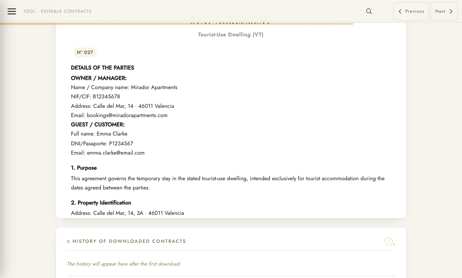 Stay agreement filled in with your details and the guest's