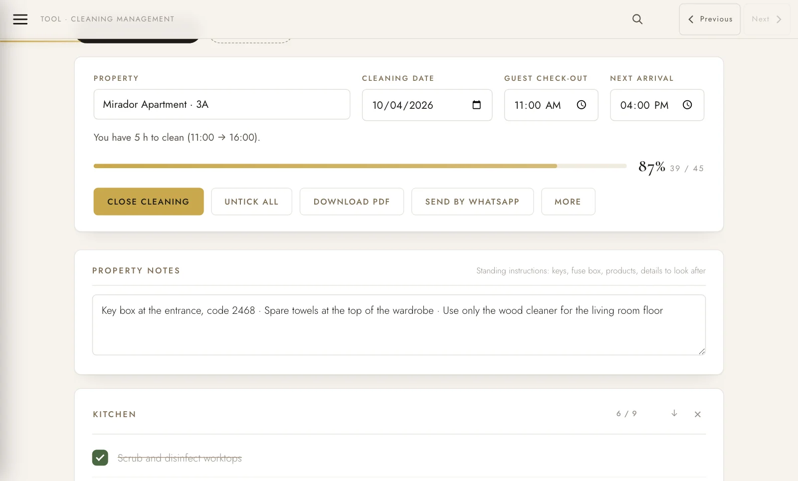 Cleaning at 87% · 5 hours until the next arrival