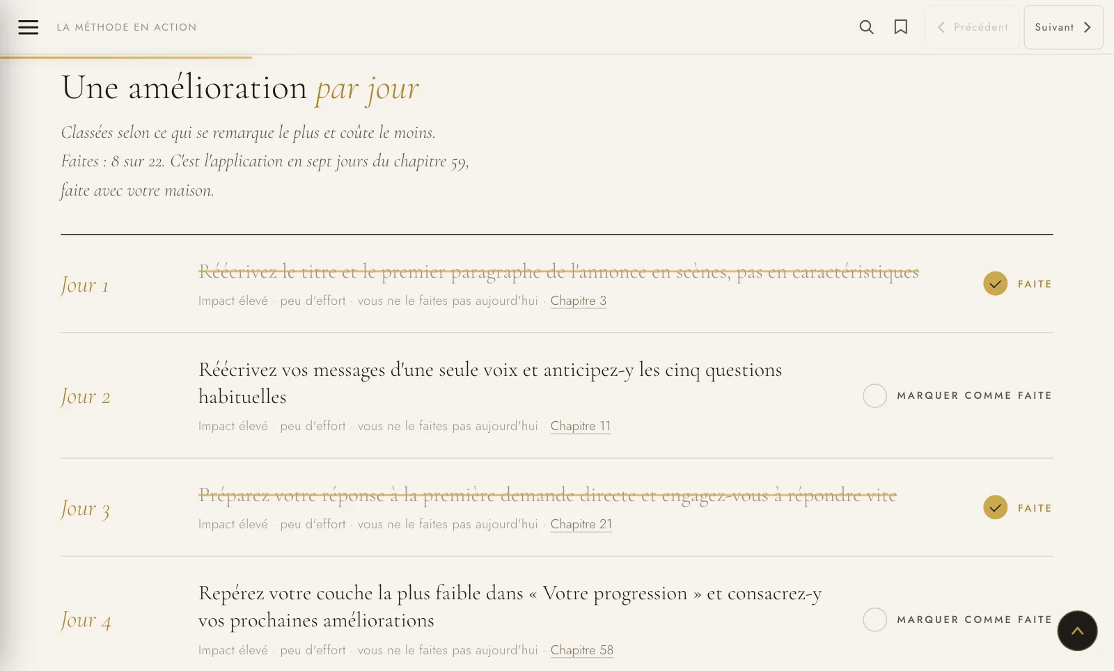 Votre plan · une amélioration par jour ; celles qui sont faites se barrent