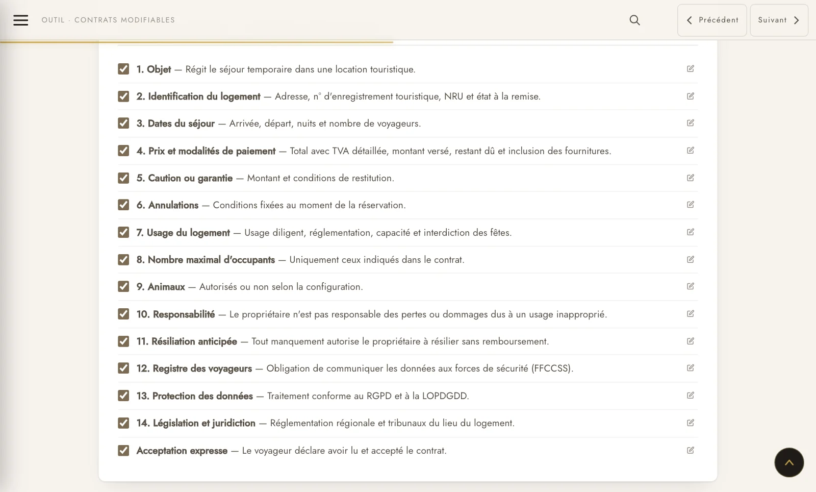 Quatorze clauses que vous incluez, retirez ou modifiez