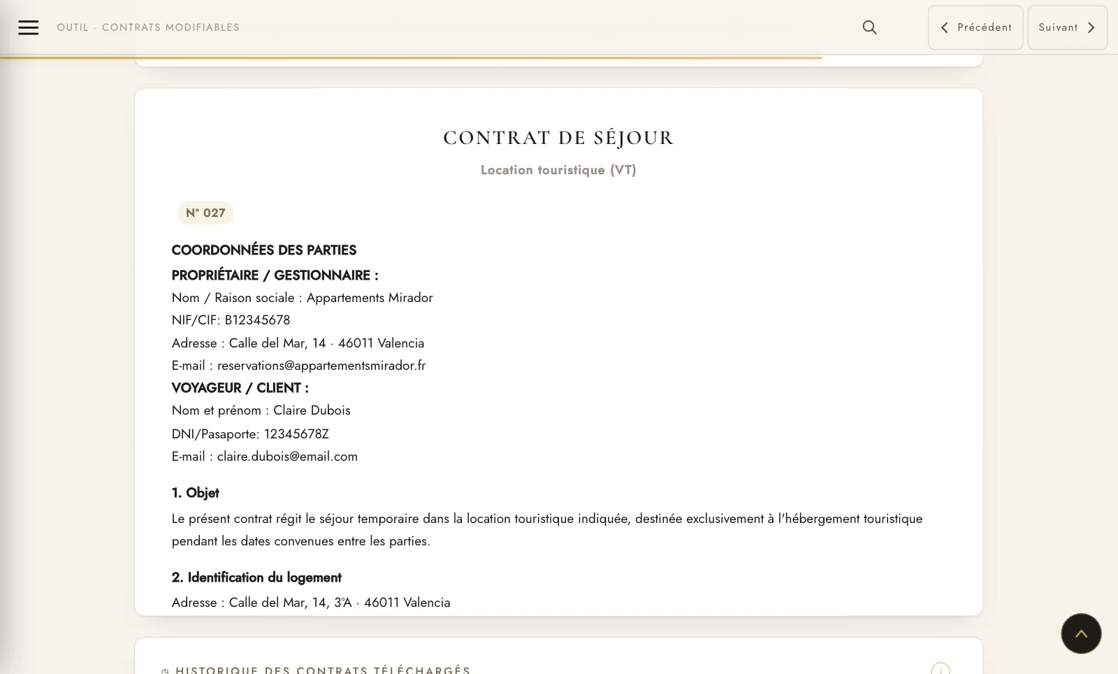 Contrat de séjour assemblé avec vos données et celles du voyageur