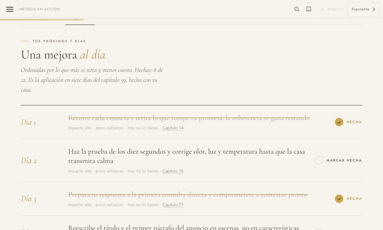 Tu plan · una mejora al día; las hechas se tachan