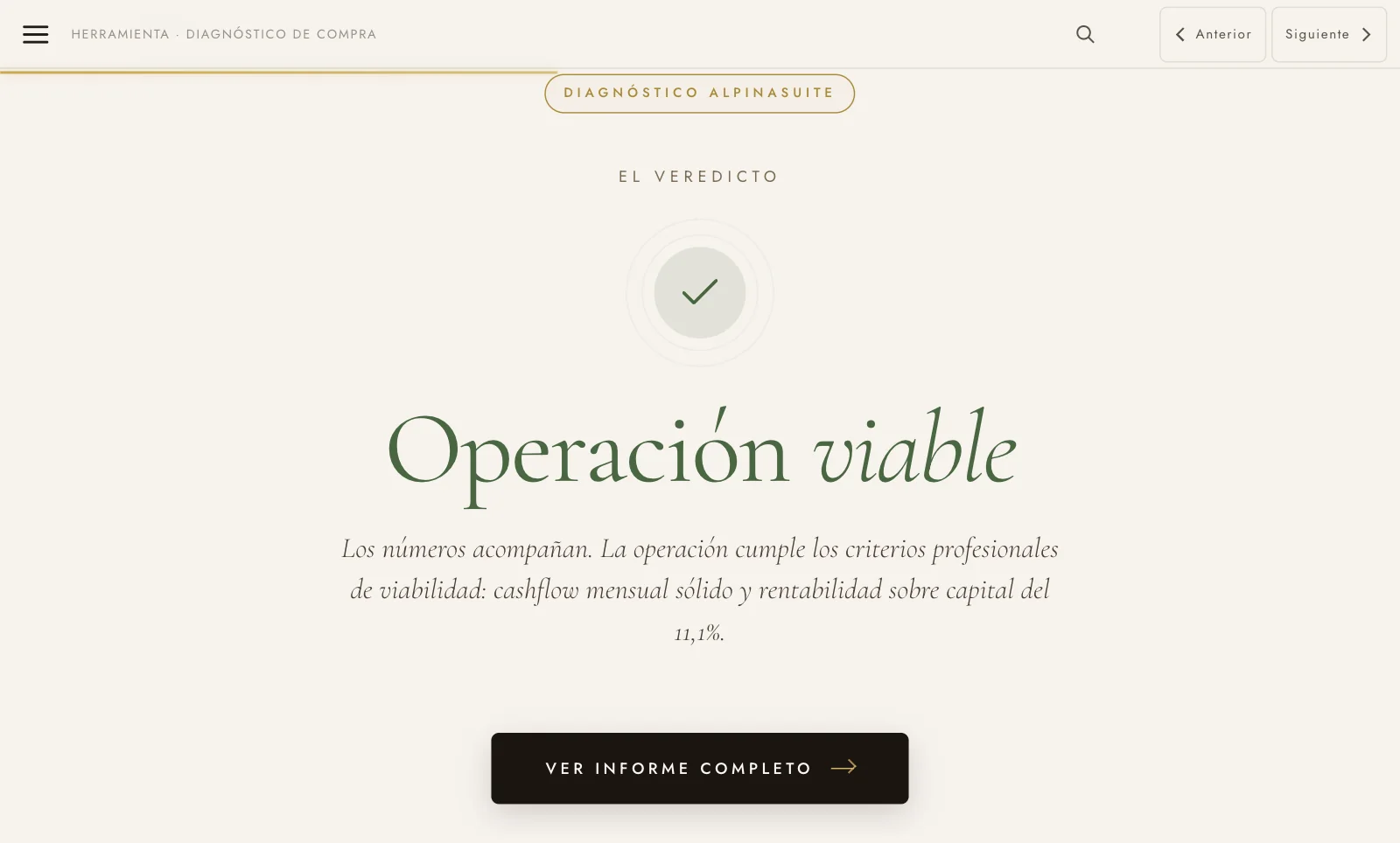Veredicto · operación viable, 11,1 % de rentabilidad sobre capital